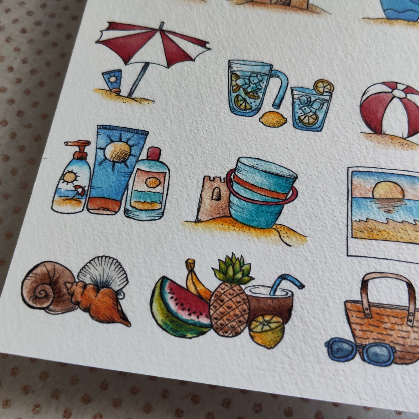 Carte Vacances à la Plage – Objets d’Été en Aquarelle