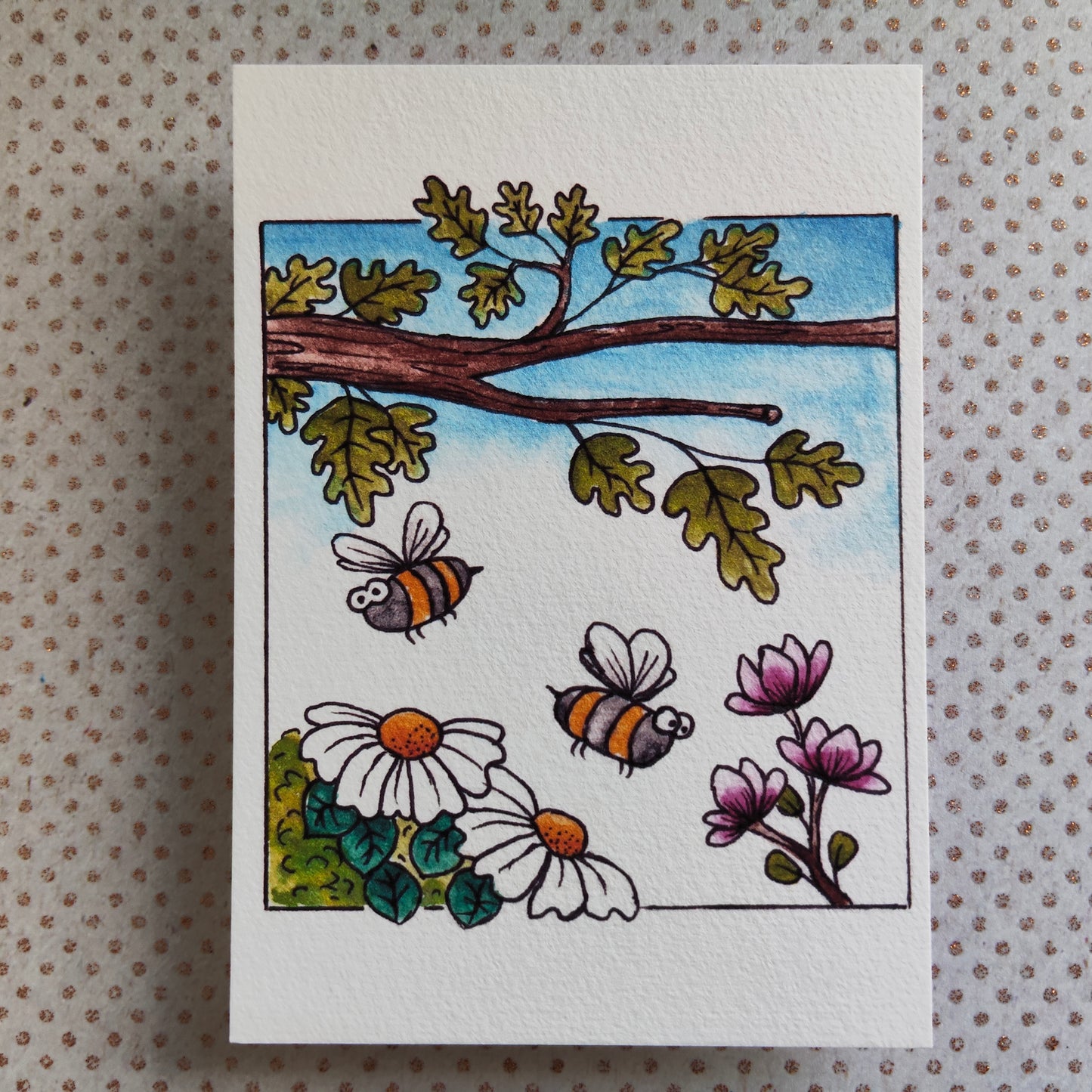 Carte Fleur et Abeille – Marguerite, Feuilles, Chêne et Nature