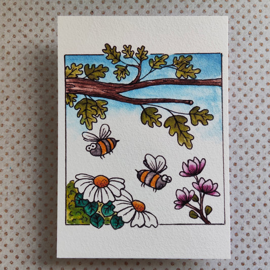 Carte Fleur et Abeille – Marguerite, Feuilles, Chêne et Nature