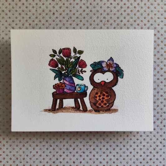 Carte illustrée – Hibou gourmand & fleurs – Goûter fleuri à l’aquarelle – Format A6
