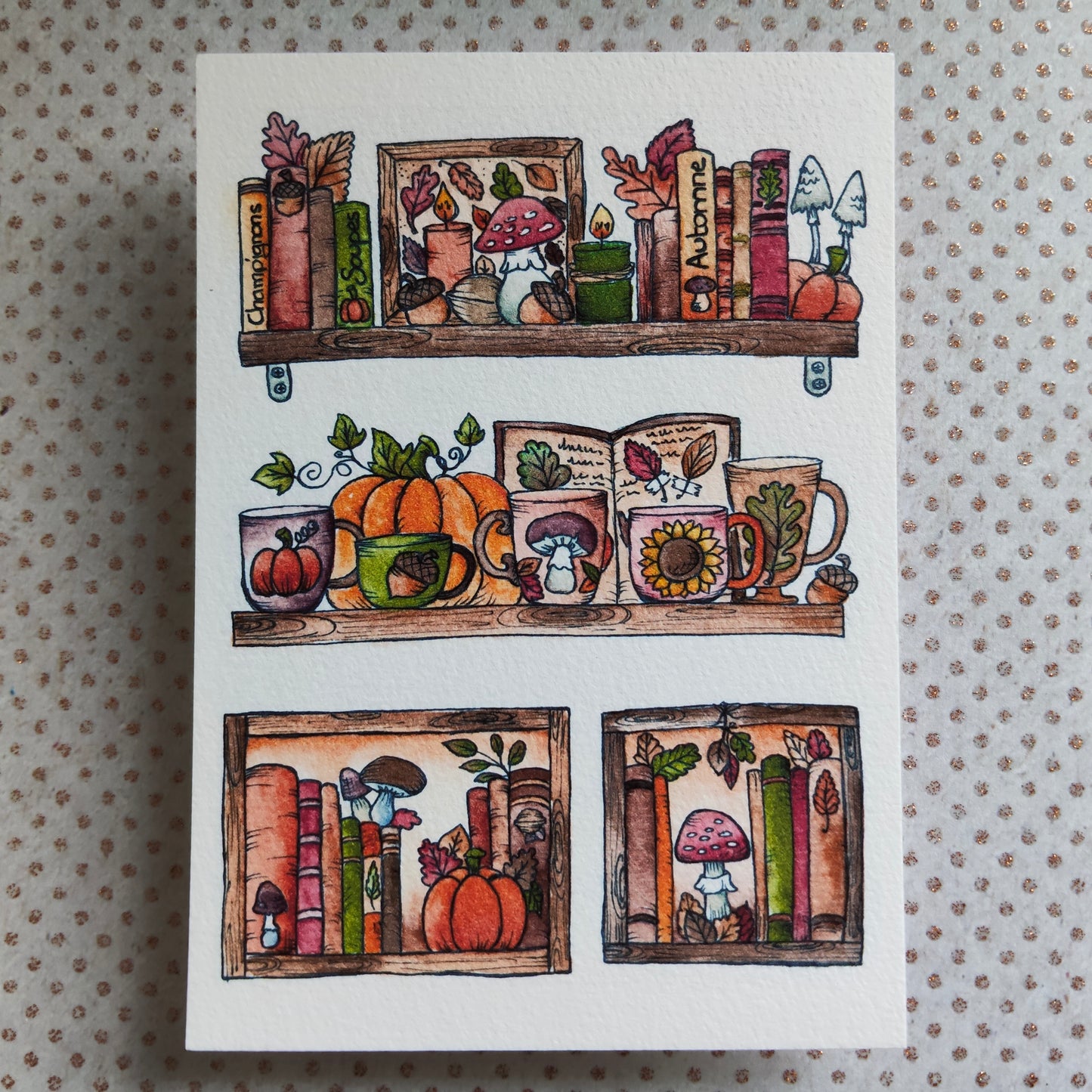 Carte Bibliothèque Automnale – Livres, Citrouilles et Maisons Douillettes