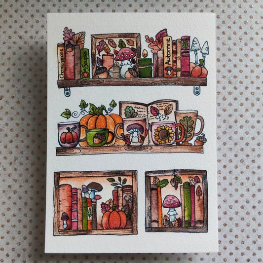 Carte Bibliothèque Automnale – Livres, Citrouilles et Maisons Douillettes