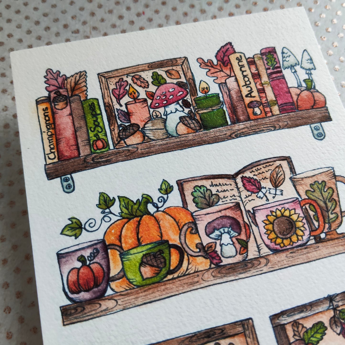 Carte Bibliothèque Automnale – Livres, Citrouilles et Maisons Douillettes