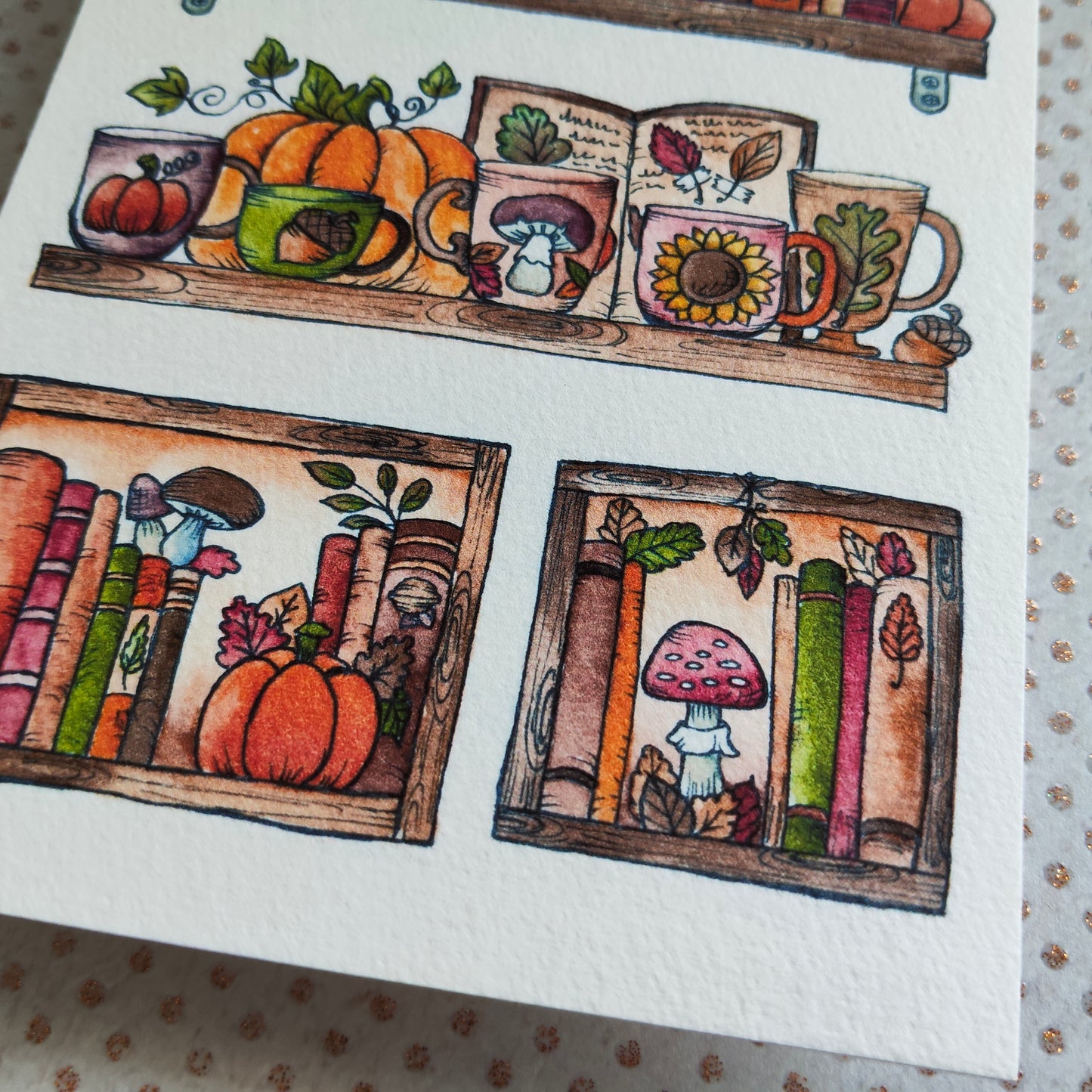 Carte Bibliothèque Automnale – Livres, Citrouilles et Maisons Douillettes