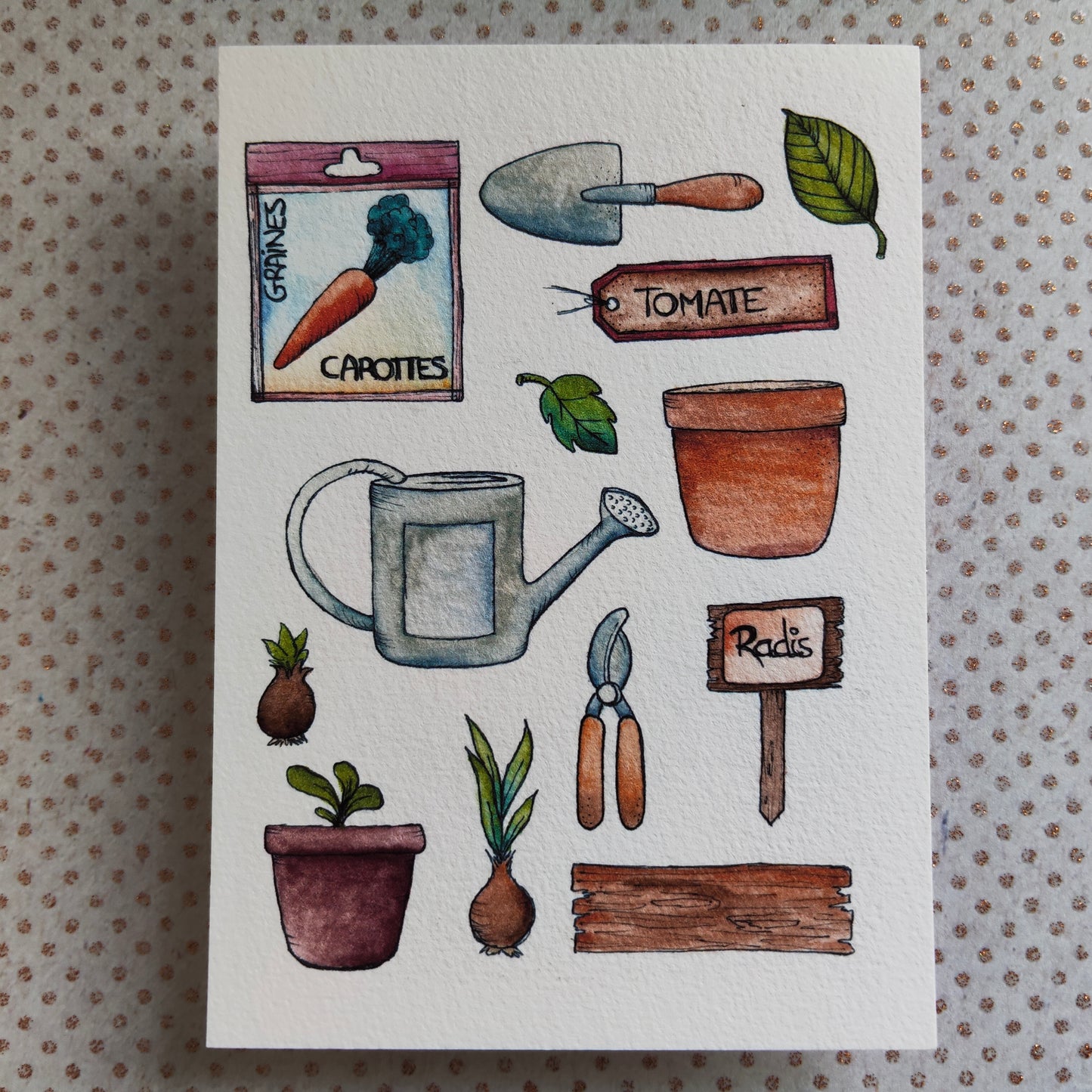 Carte illustrée A6 – Illustration aquarelle outils de jardinage, graines, potager, légumes, jardin et nature