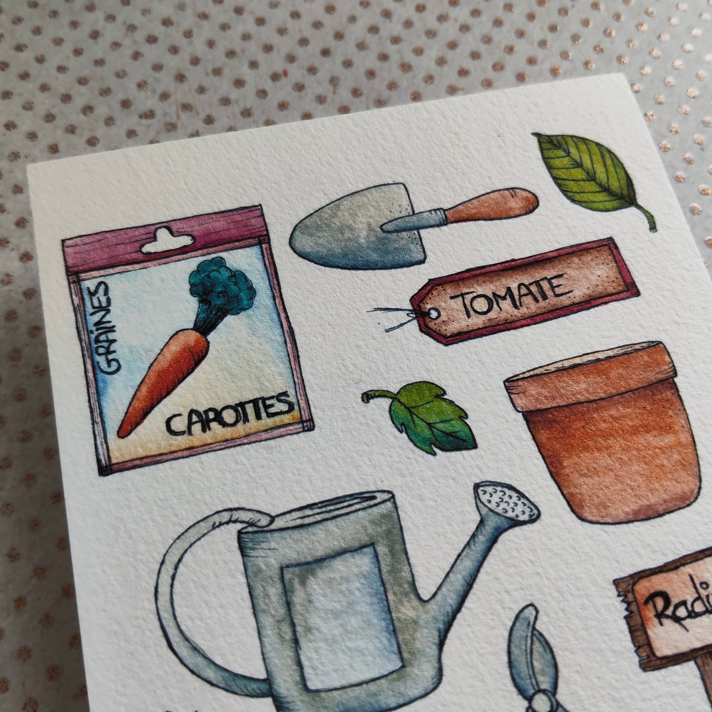 Carte illustrée A6 – Illustration aquarelle outils de jardinage, graines, potager, légumes, jardin et nature