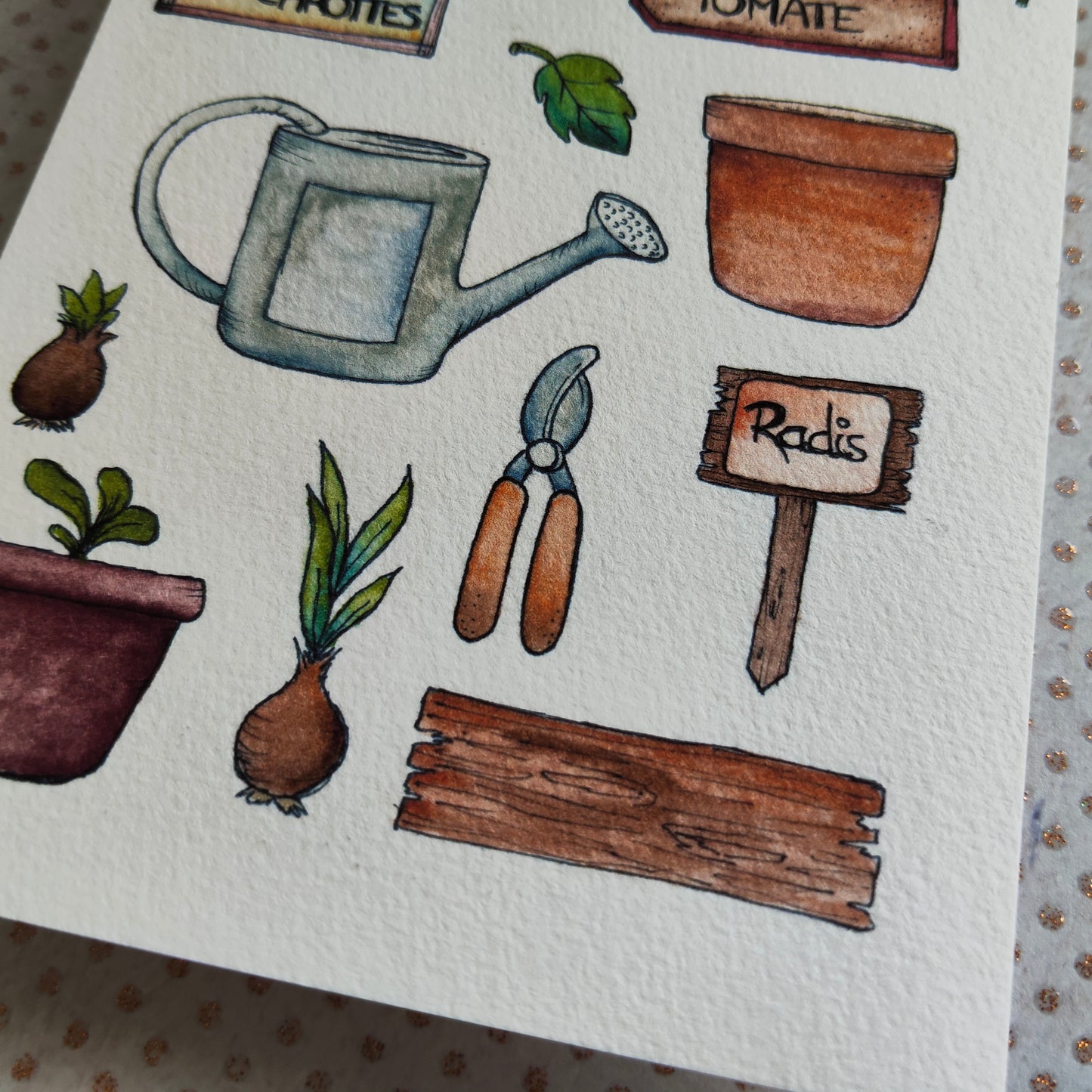 Carte illustrée A6 – Illustration aquarelle outils de jardinage, graines, potager, légumes, jardin et nature