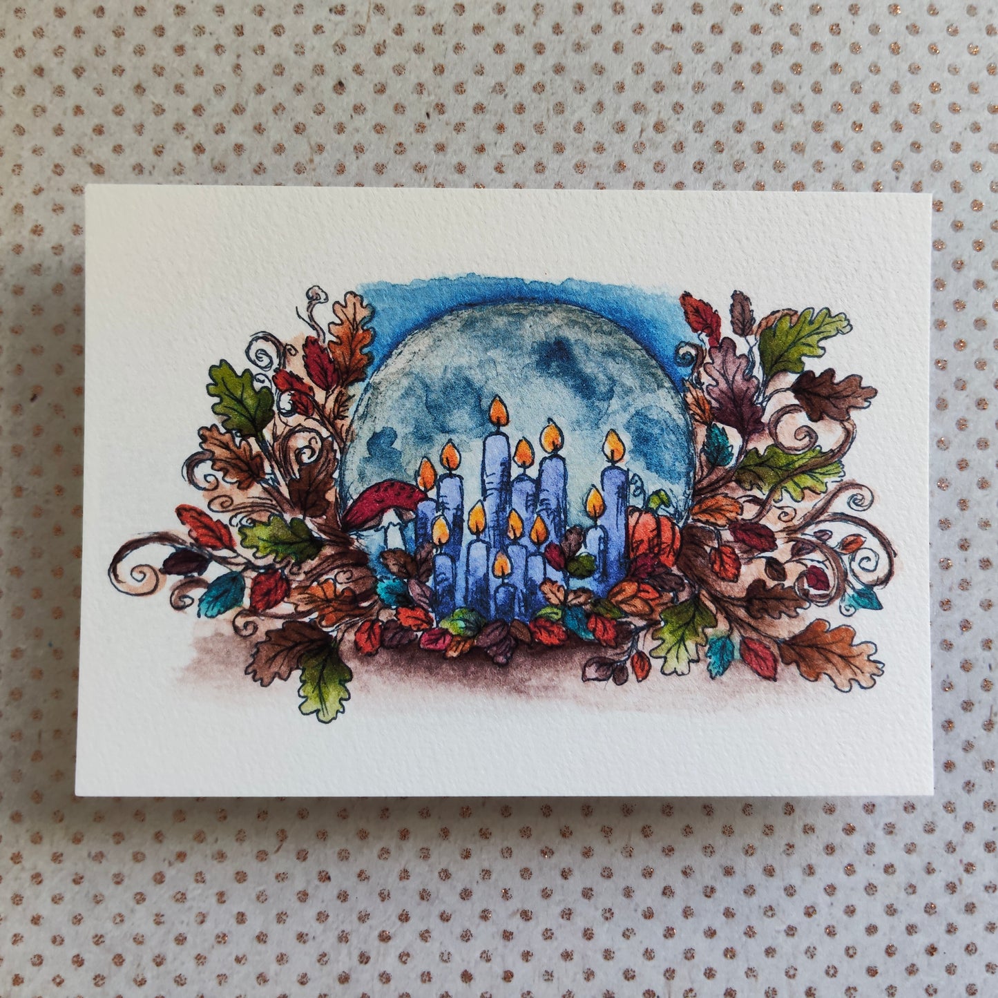Carte A6 "Clair de lune et bougies enchantées" – Illustration à l’aquarelle, ambiance automnale et magique