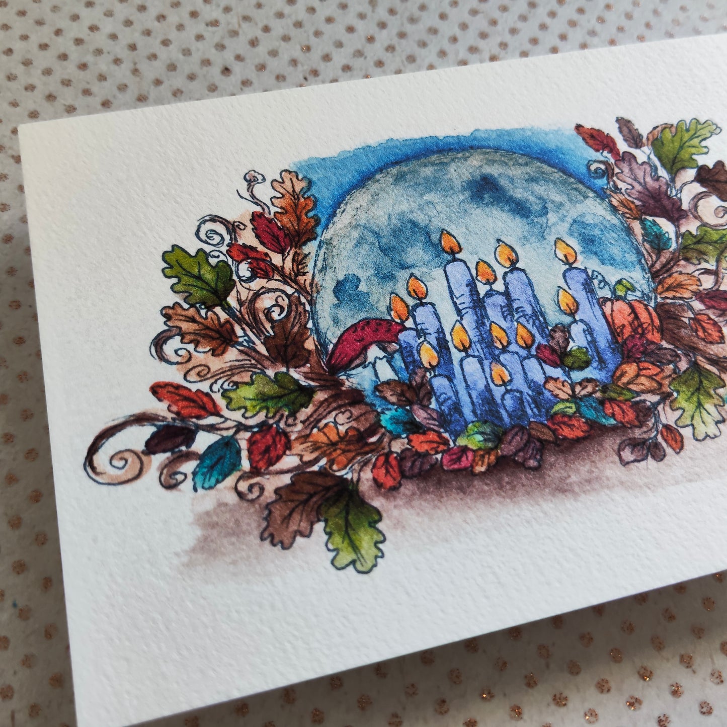 Carte A6 "Clair de lune et bougies enchantées" – Illustration à l’aquarelle, ambiance automnale et magique
