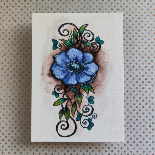 Carte Fleur bleue Anémone Feuillage – Illustration Arabesque Fin