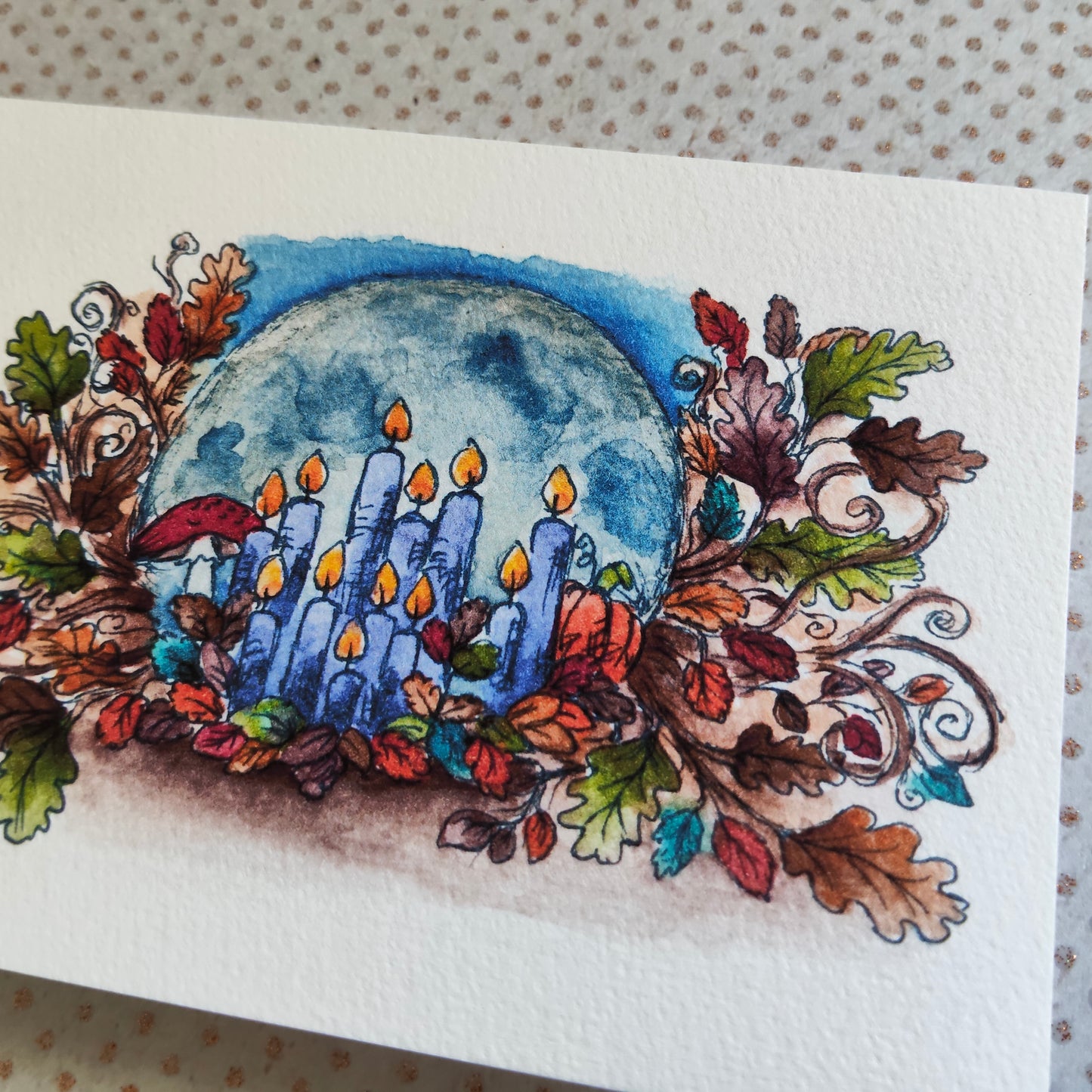 Carte A6 "Clair de lune et bougies enchantées" – Illustration à l’aquarelle, ambiance automnale et magique