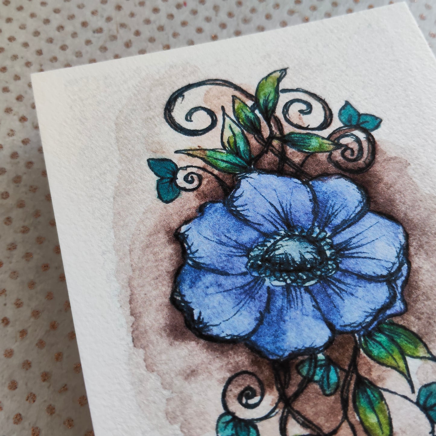 Carte Fleur bleue Anémone Feuillage – Illustration Arabesque Fin