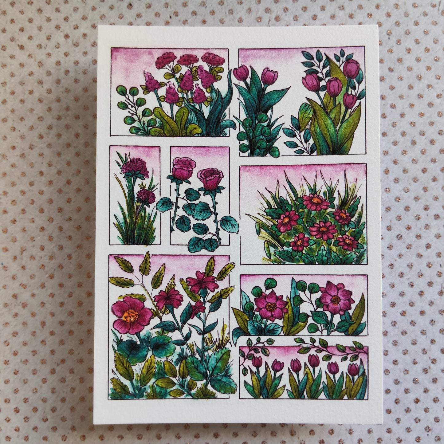 Carte illustrée A6 – Fleurs roses à l’aquarelle – Impression fine sur papier 300g