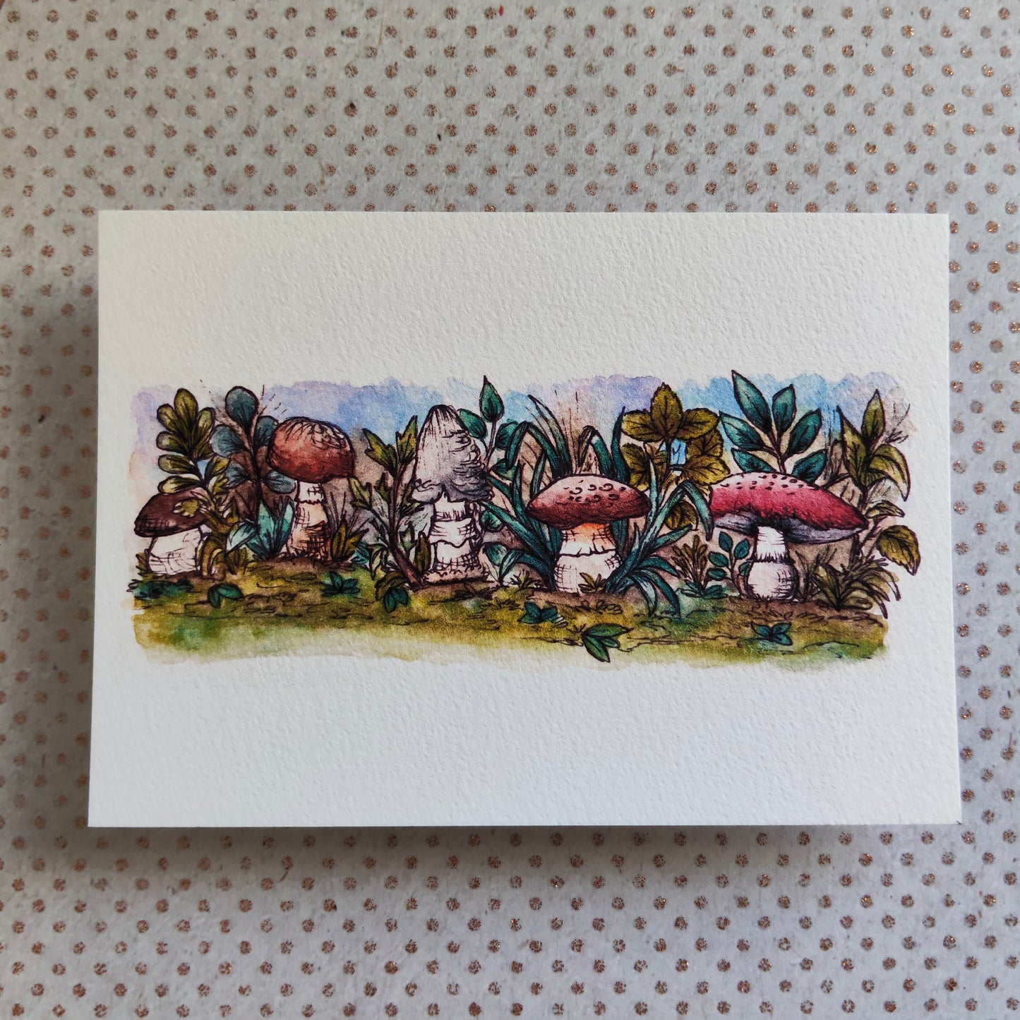 Carte A6 féerique - Fleurs, feuilles et champignons - Illustration à l’aquarelle