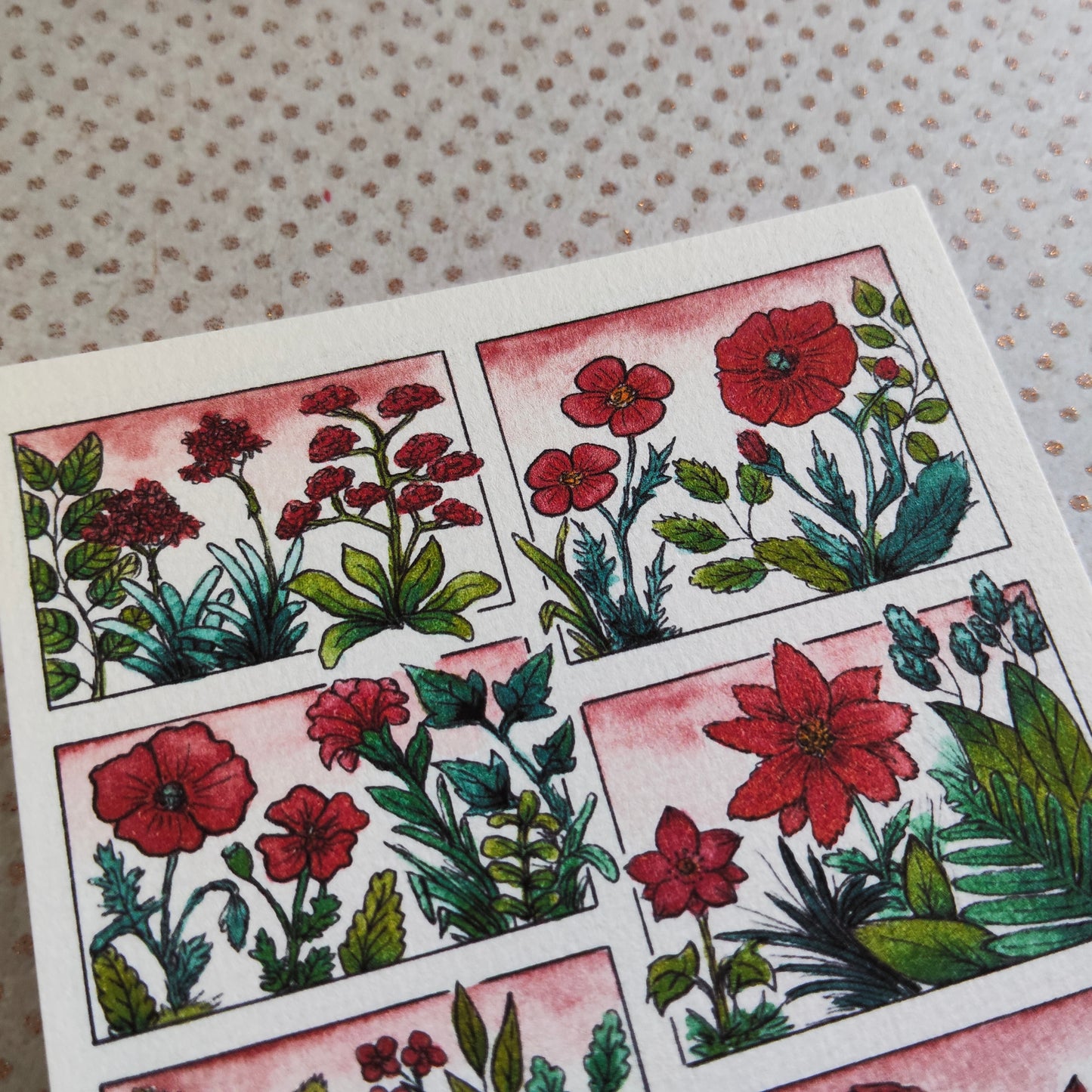 Carte illustrée A6 – Fleurs rouges à l’aquarelle –  Nature Printemps - Impression fine sur papier 300g