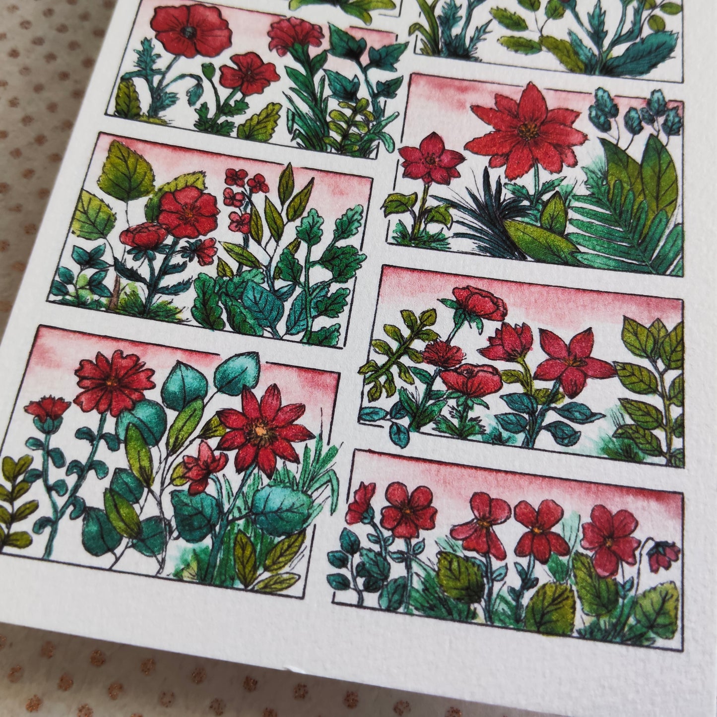 Carte illustrée A6 – Fleurs rouges à l’aquarelle –  Nature Printemps - Impression fine sur papier 300g