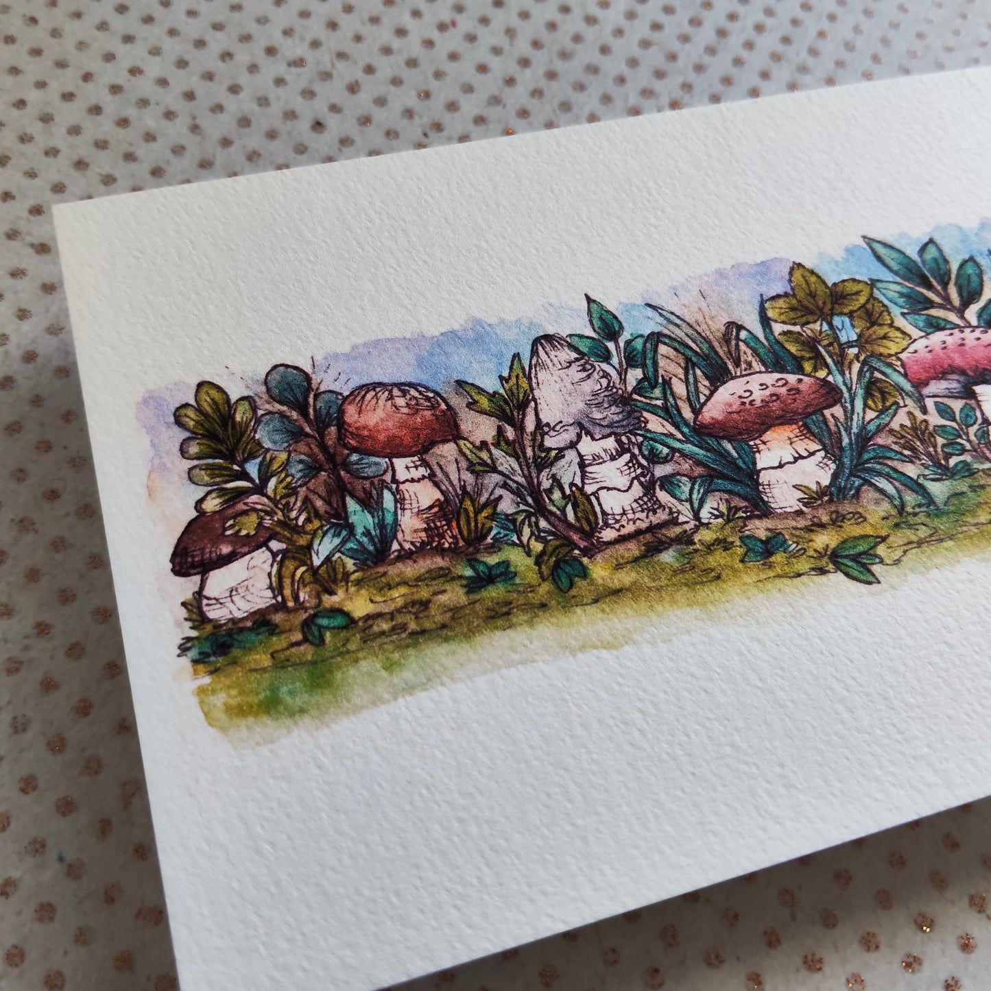 Carte A6 féerique - Fleurs, feuilles et champignons - Illustration à l’aquarelle