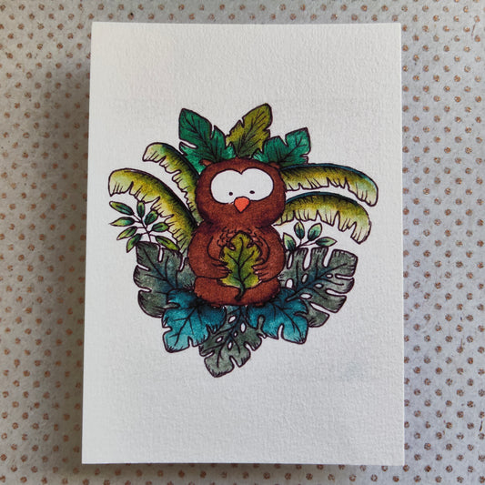 Carte illustrée – Hibou tropical & feuille Monstera – Aquarelle mignonne – Format A6