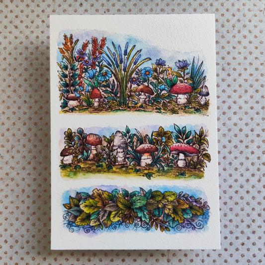 Carte Champignon et bordure de fleurs – Conte Mignon en Aquarelle