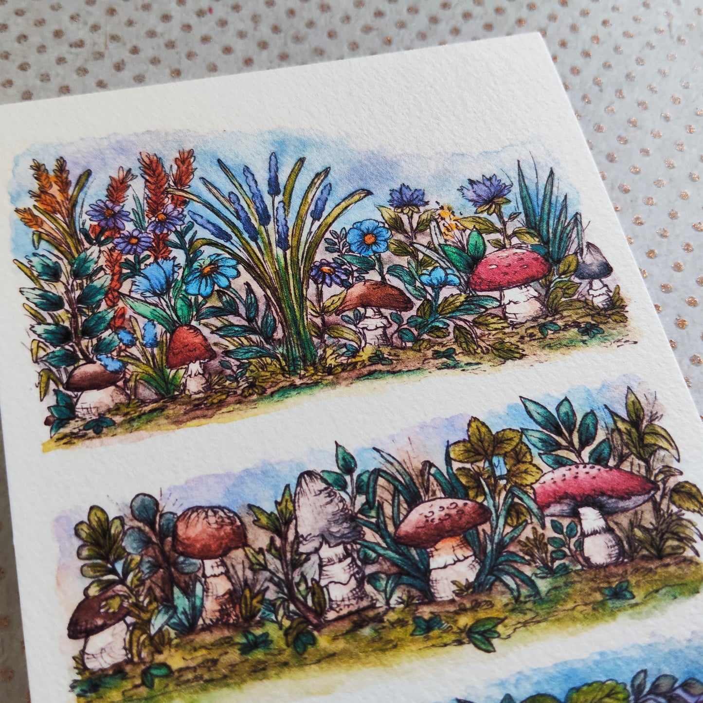 Carte Champignon et bordure de fleurs – Conte Mignon en Aquarelle