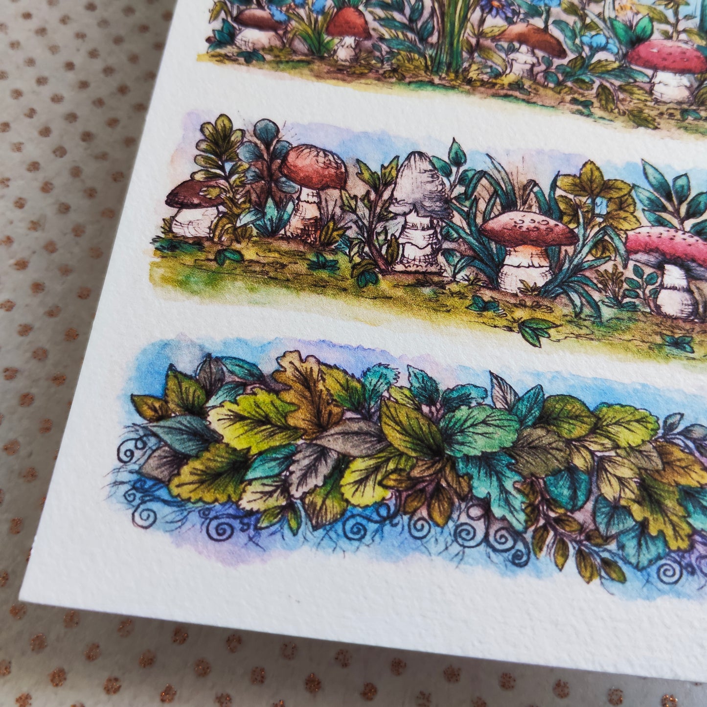 Carte Champignon et bordure de fleurs – Conte Mignon en Aquarelle