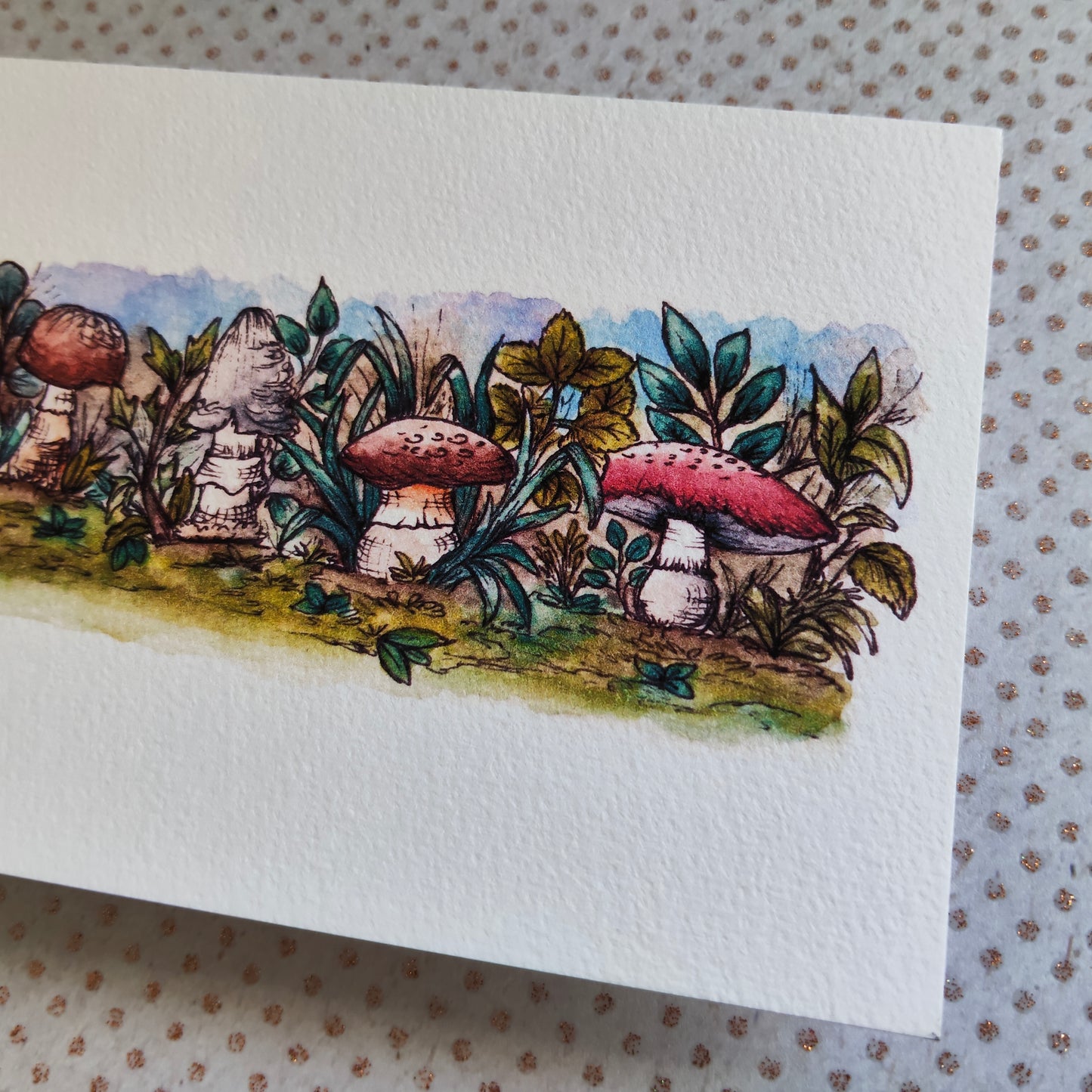 Carte A6 féerique - Fleurs, feuilles et champignons - Illustration à l’aquarelle