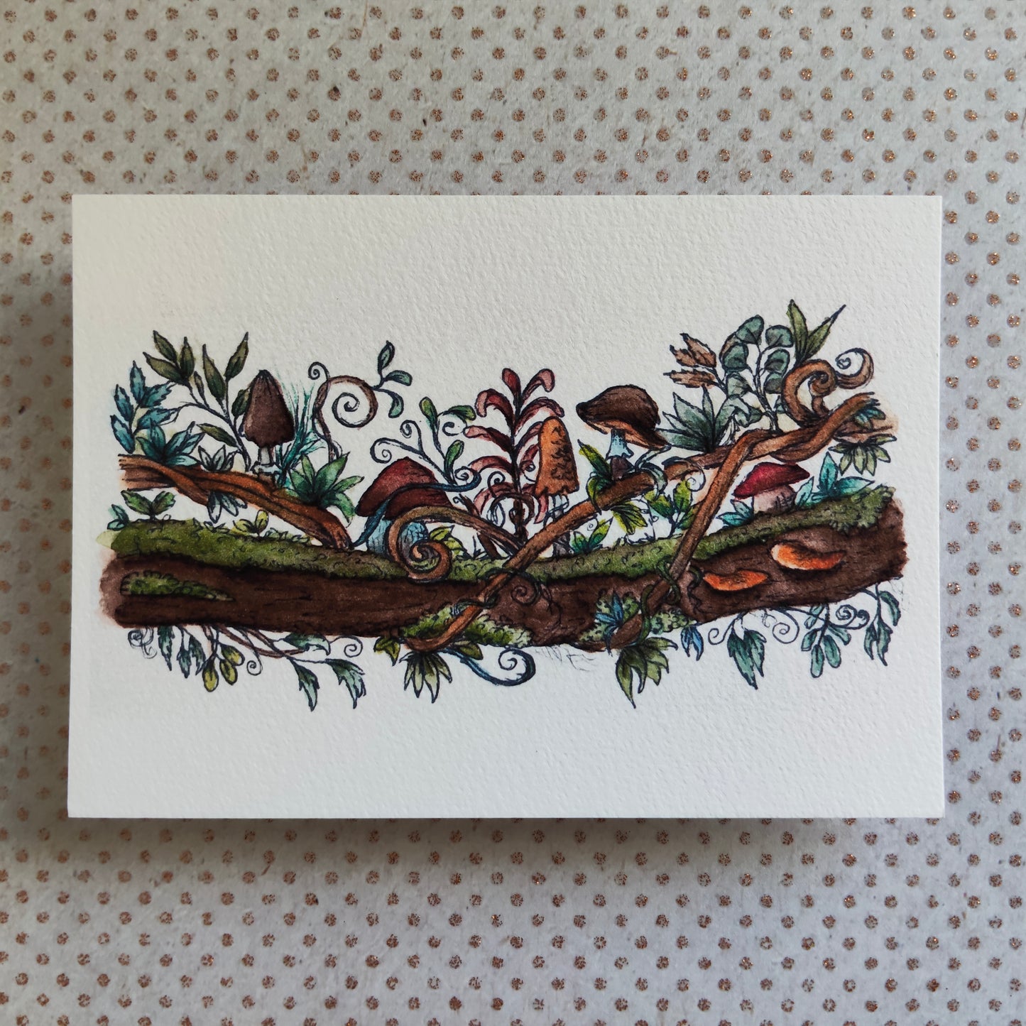Carte A6 champêtre illustrée – Branche fleurie avec champignons, aquarelle imprimée d’une illustration magique et botanique, carte nature