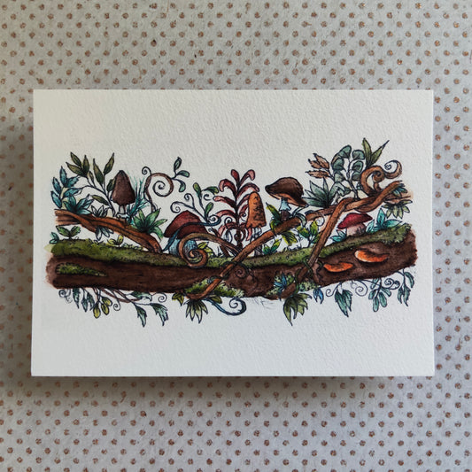 Carte A6 champêtre illustrée – Branche fleurie avec champignons, aquarelle imprimée d’une illustration magique et botanique, carte nature