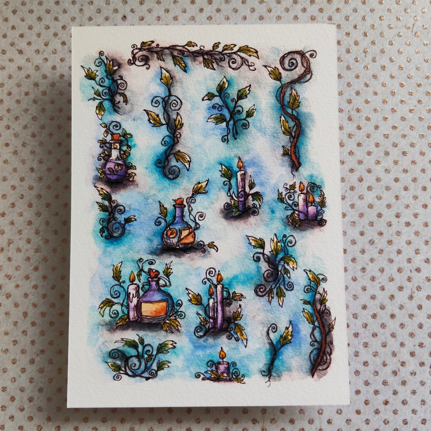 Carte Bougie Violette – Arabesque Feuillage Fiole Magique