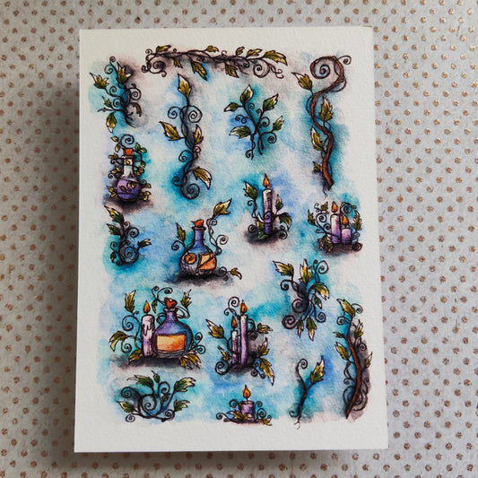 Carte Bougie Violette – Arabesque Feuillage Fiole Magique