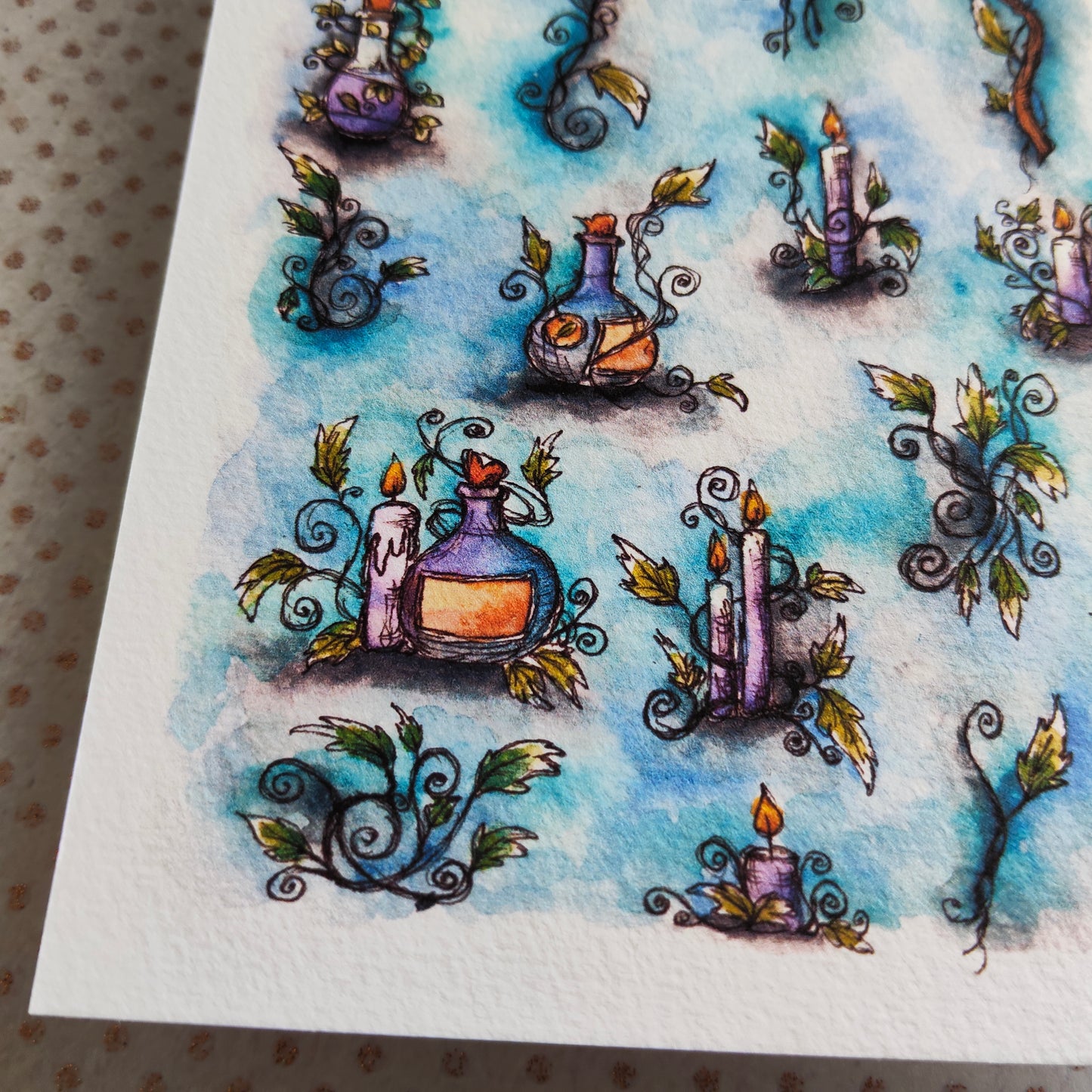 Carte Bougie Violette – Arabesque Feuillage Fiole Magique