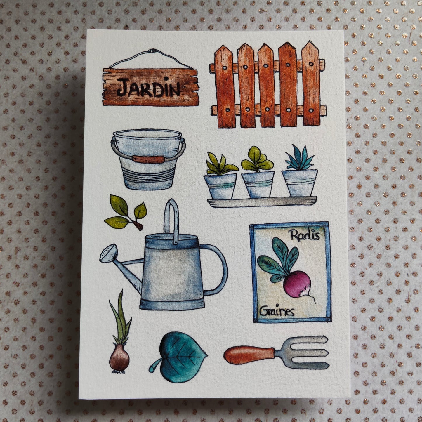 Carte illustrée – Jardin d’aquarelle – Outils, semis & nature – Format A6