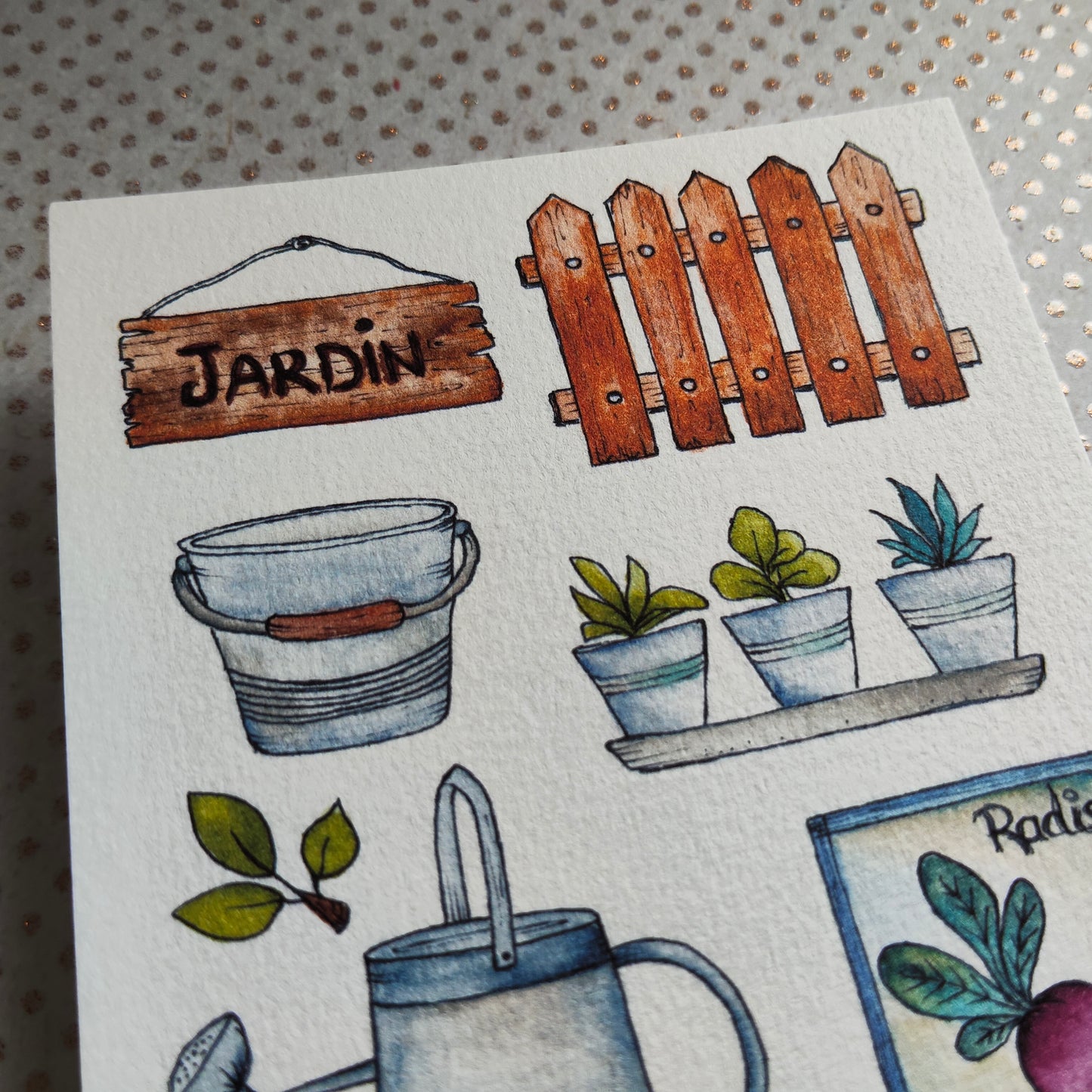 Carte illustrée – Jardin d’aquarelle – Outils, semis & nature – Format A6