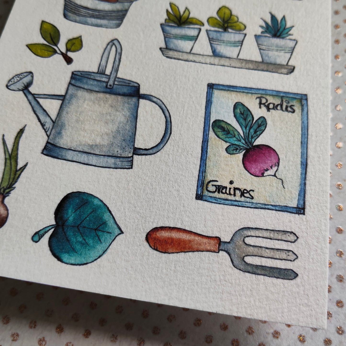 Carte illustrée – Jardin d’aquarelle – Outils, semis & nature – Format A6