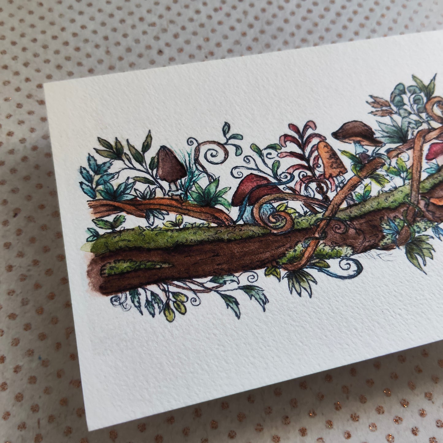 Carte A6 champêtre illustrée – Branche fleurie avec champignons, aquarelle imprimée d’une illustration magique et botanique, carte nature