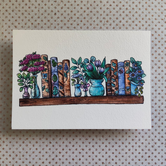 Carte A6 – Papeterie illustrée à l’aquarelle – Livres et fleurs Violet Parme