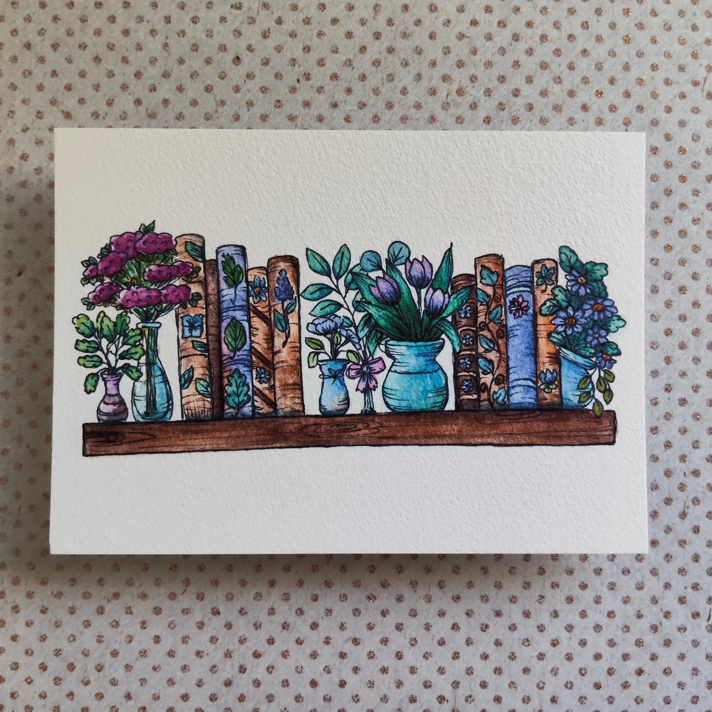 Carte A6 – Illustration aquarelle bibliothèque fleurie bleu – Art floral et lecture