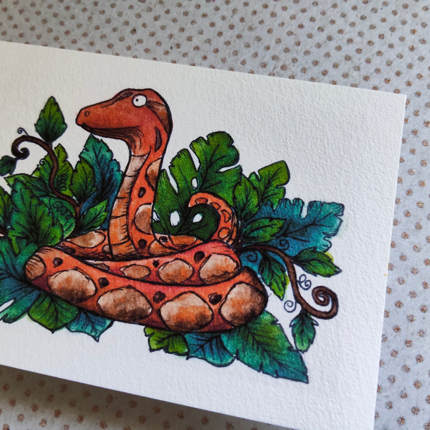 Carte A6 "Python feuillu" – Illustration à l’aquarelle, serpent totem et nature
