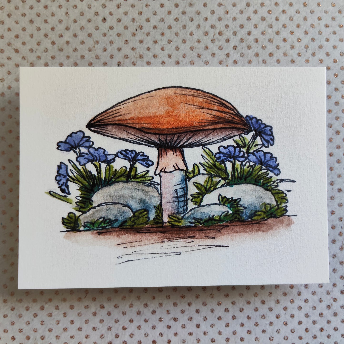 Carte Champignon et fleurs bleu – Illustration nature