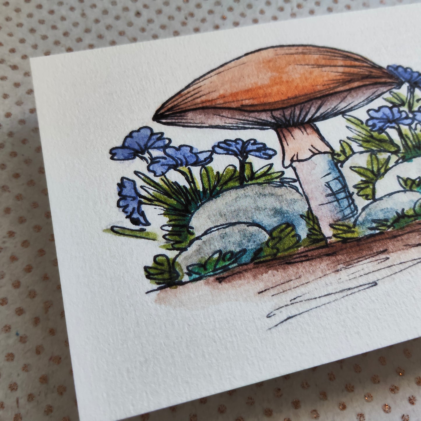 Carte Champignon et fleurs bleu – Illustration nature