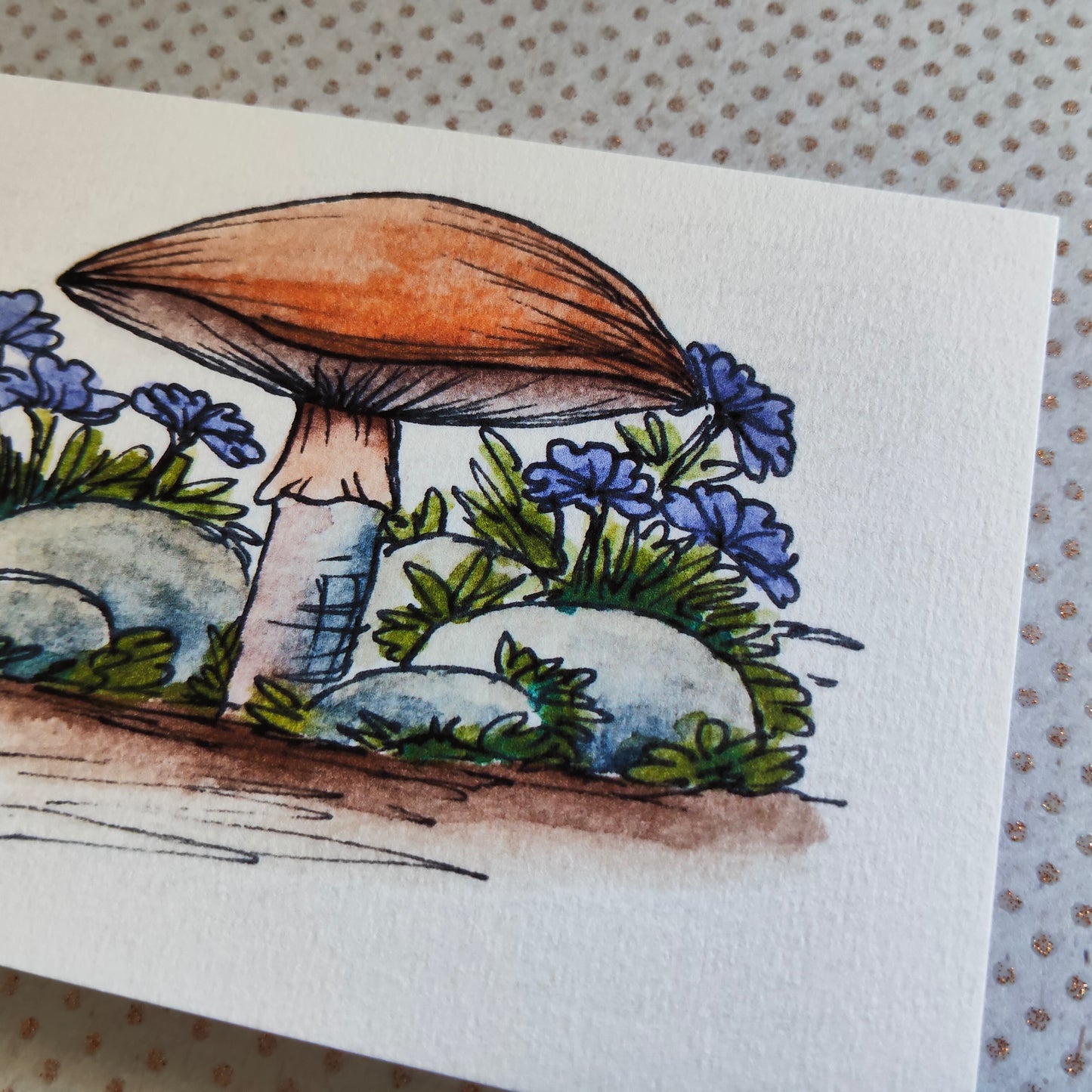 Carte Champignon et fleurs bleu – Illustration nature