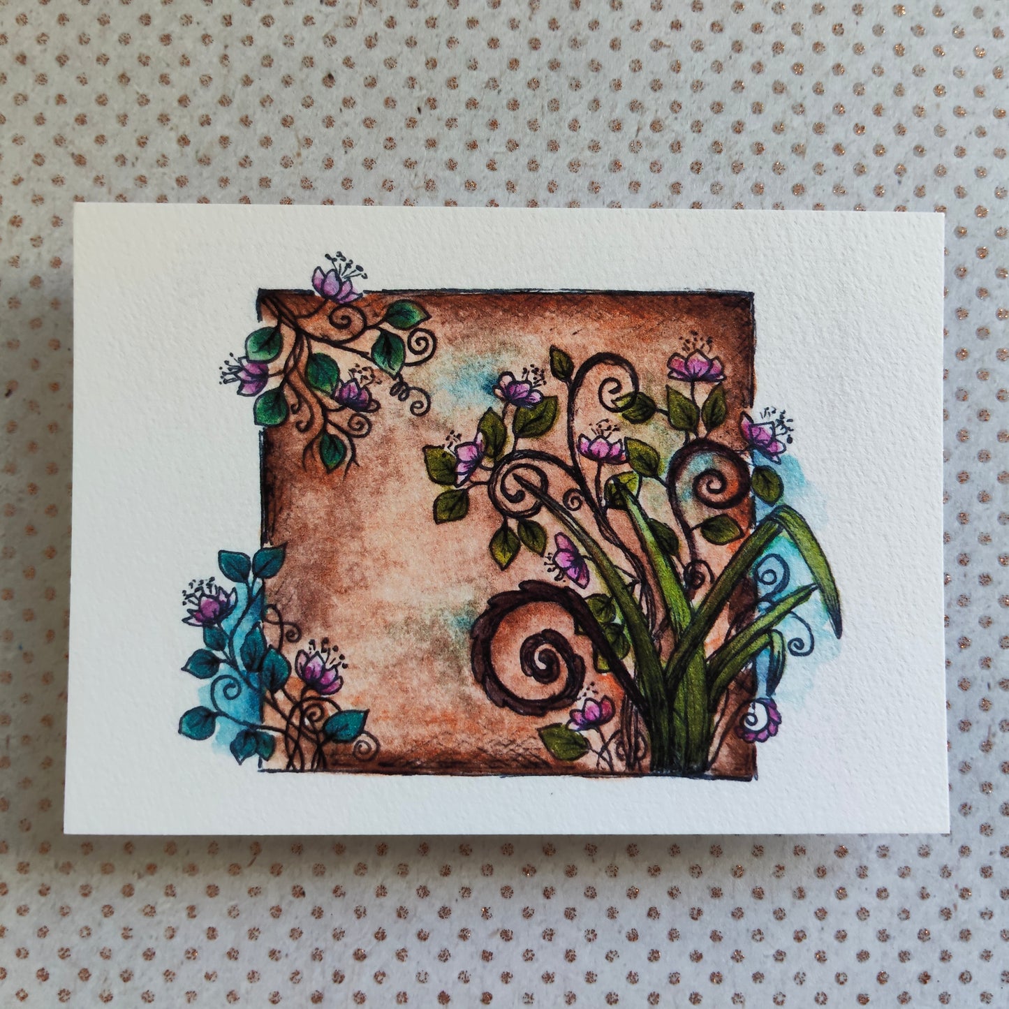 Carte florale A6 rectangle – Illustration à l’aquarelle d’un cadre ancien avec fleurs roses et feuillage, style botanique et romantique