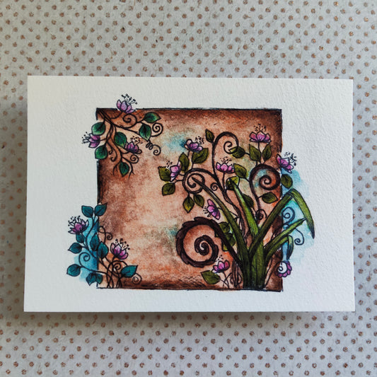 Carte florale A6 rectangle – Illustration à l’aquarelle d’un cadre ancien avec fleurs roses et feuillage, style botanique et romantique