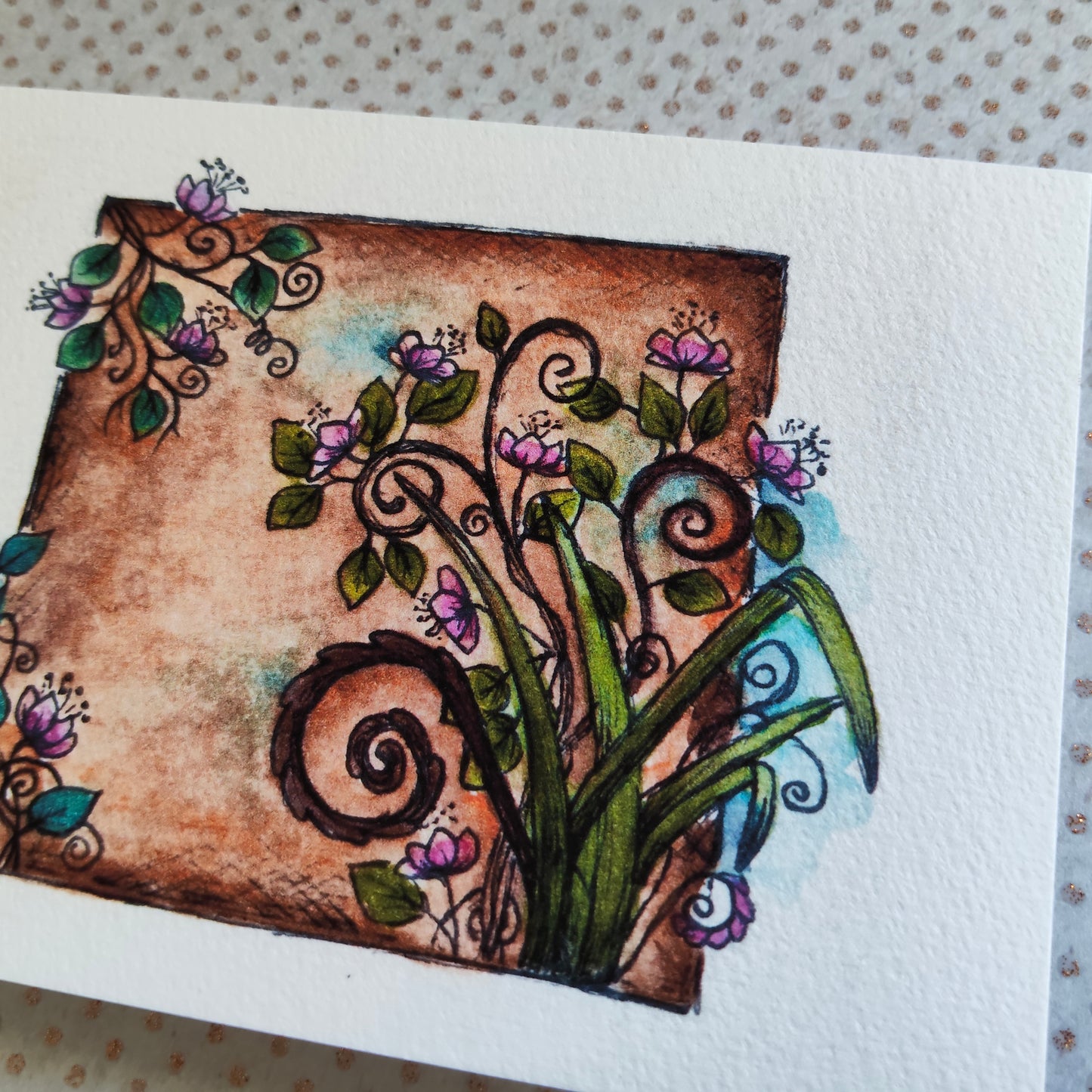 Carte florale A6 rectangle – Illustration à l’aquarelle d’un cadre ancien avec fleurs roses et feuillage, style botanique et romantique