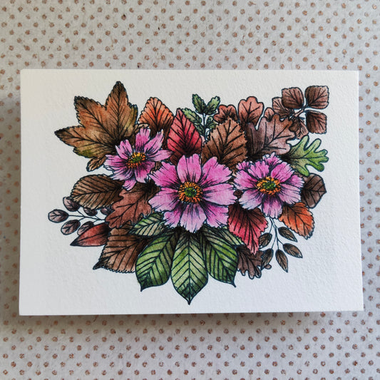 Carte A6 - Fleurs rose & feuillage - Impression aquarelle botanique Anémone du Japon