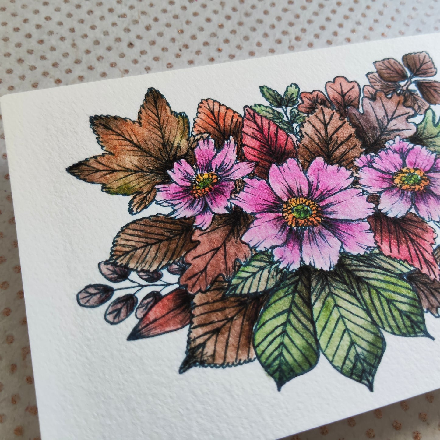 Carte A6 - Fleurs rose & feuillage - Impression aquarelle botanique Anémone du Japon