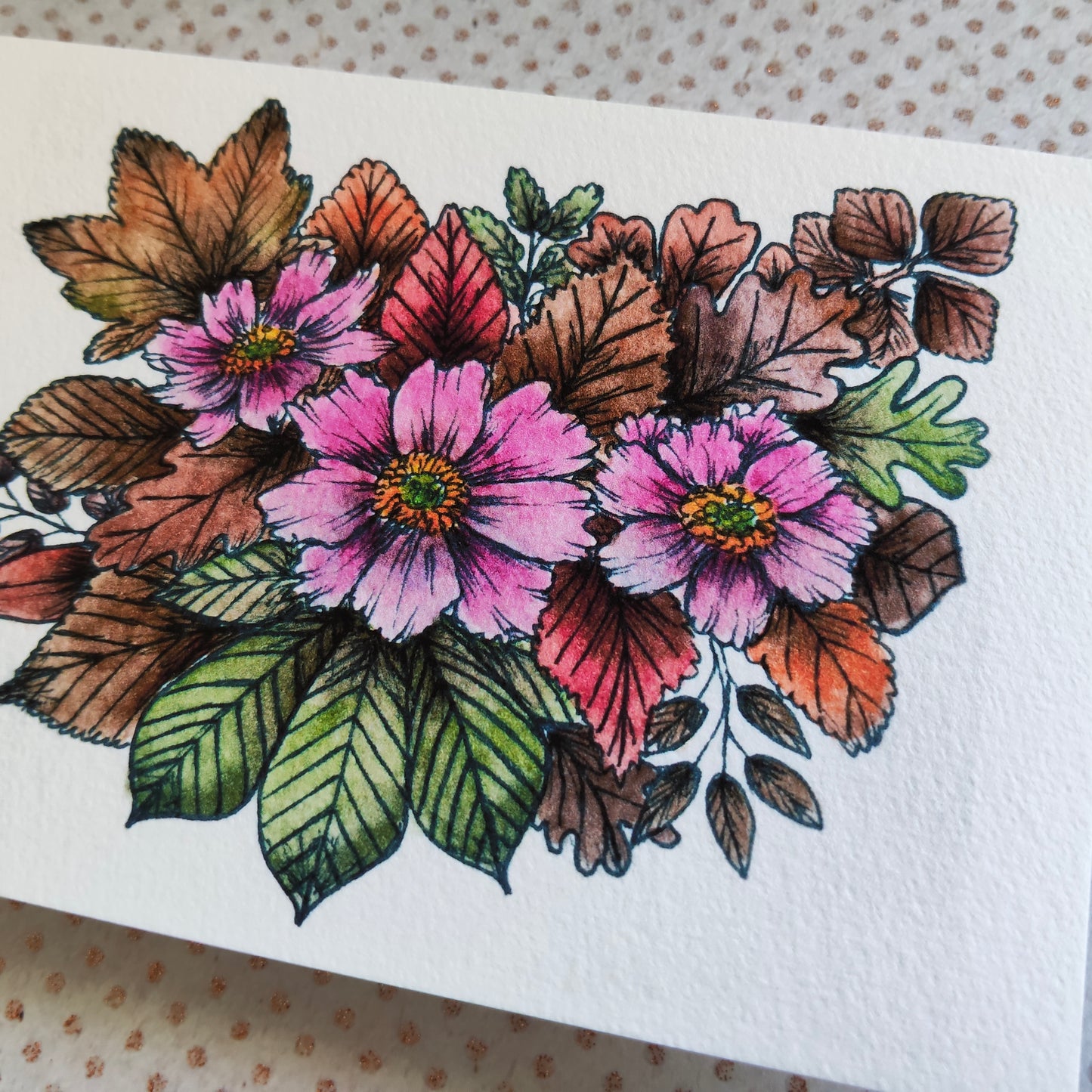 Carte A6 - Fleurs rose & feuillage - Impression aquarelle botanique Anémone du Japon