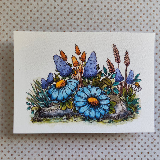 Carte A6 fleurie – Illustration aquarelle originale – Marguerites bleues et fleurs des champs