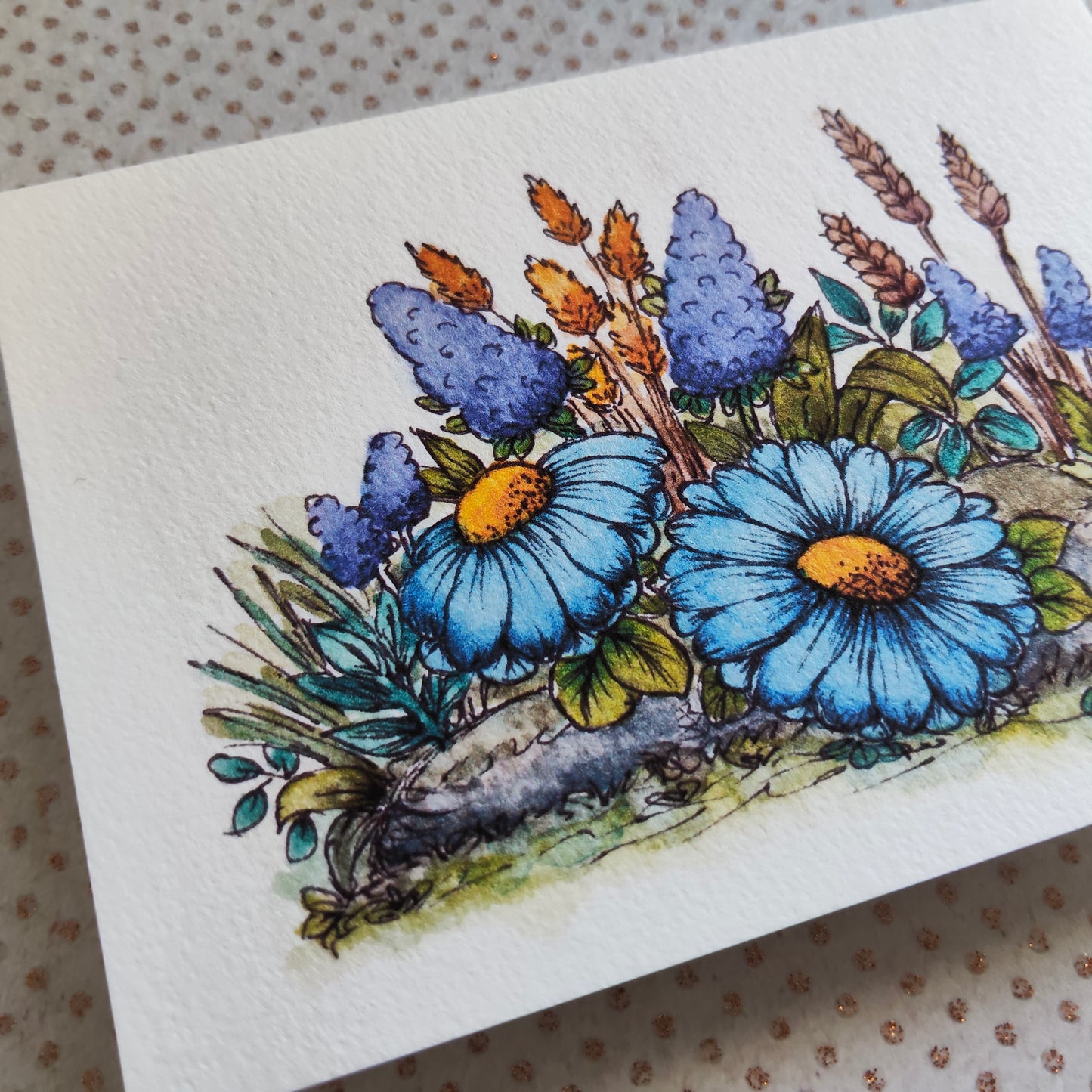 Carte A6 fleurie – Illustration aquarelle originale – Marguerites bleues et fleurs des champs