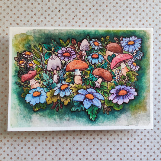 Illustration aquarelle champignons et fleurs sauvages, ambiance forêt enchantée, nature et magie